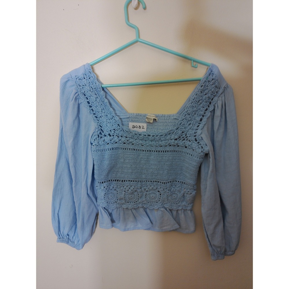 American Eagle Crochet Top Women XS Blue Boho Smocked Peplum Long Sleeve